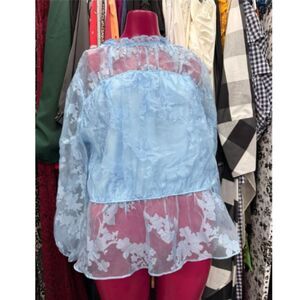 New Sheer Blue Floral Lace Long Sleeve Peplum High Neck Ruffle Blouse sz Large